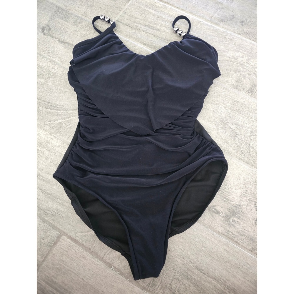 Magicsuit Womens Black Ruched One Piece Swimsuit Tummy Control Ruffle 10